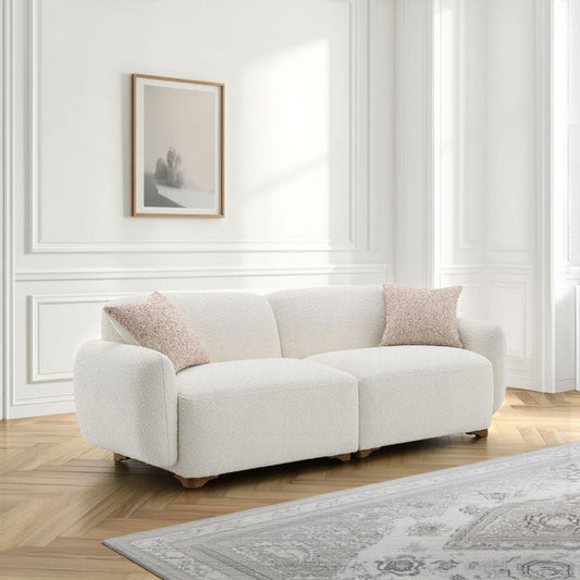 Remus Sofa, 2 Accent Pillows, Curved Design Beige Boucle, 88 Inch