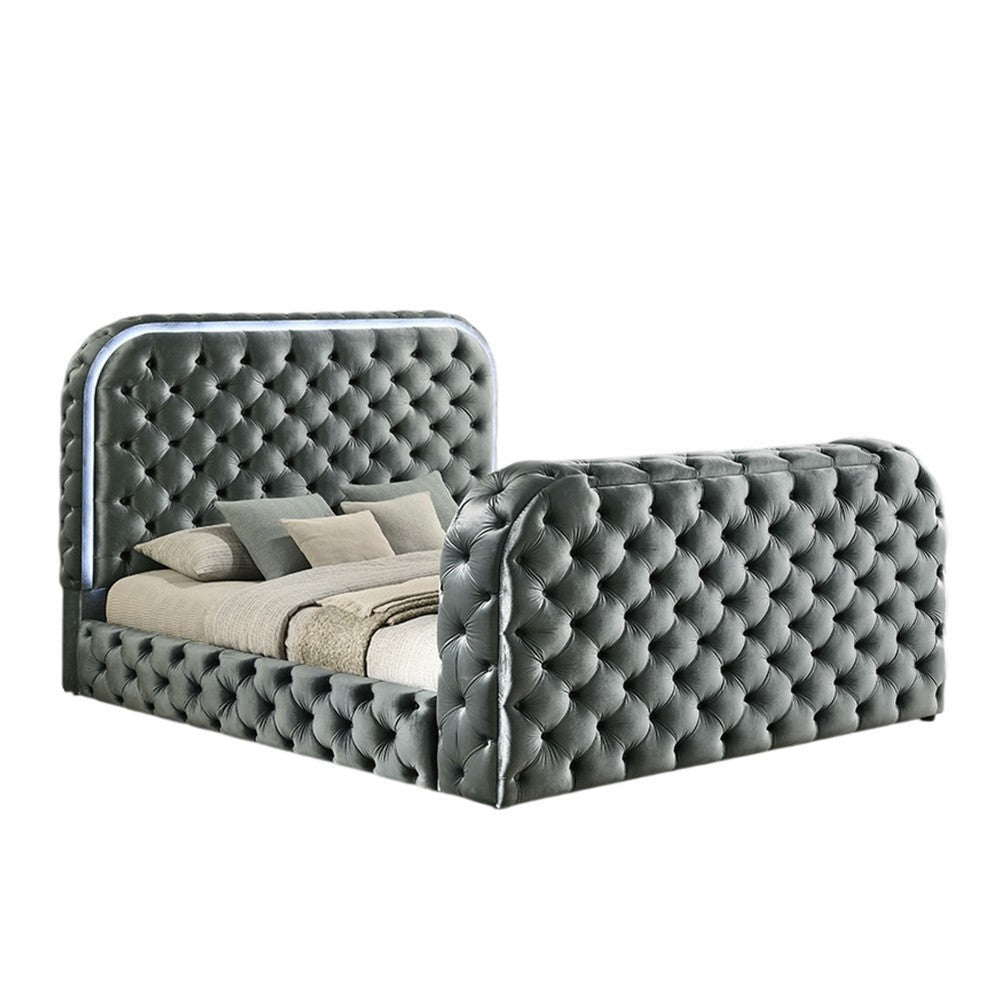 Kerie King Bed with LED Fireplace Hidden Lift TV Stand Gray Velvet BM334031