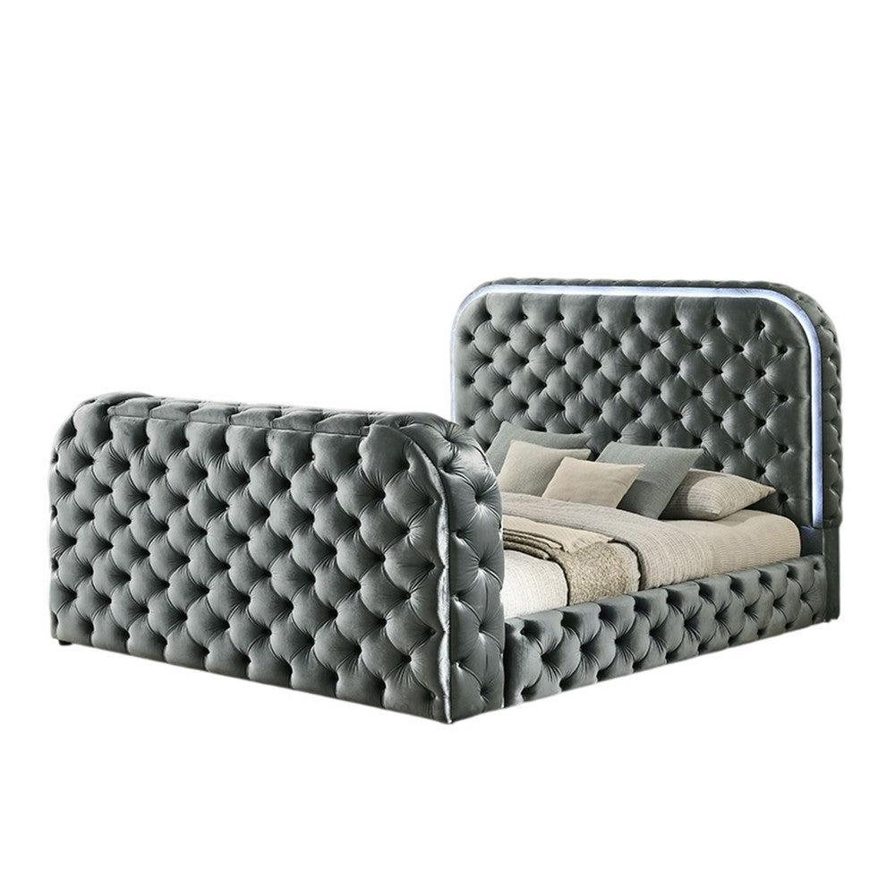 Kerie King Bed with LED Fireplace Hidden Lift TV Stand Gray Velvet BM334031