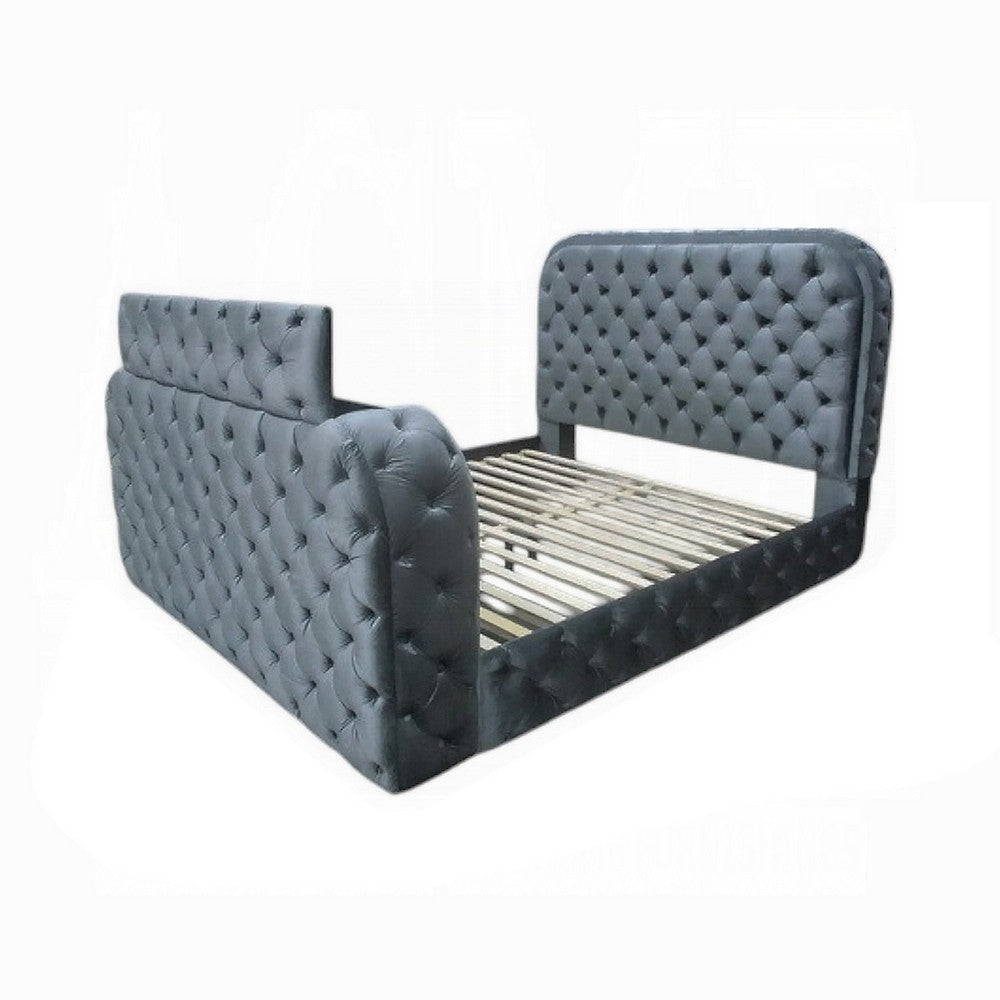 Kerie King Bed with LED Fireplace Hidden Lift TV Stand Gray Velvet BM334031