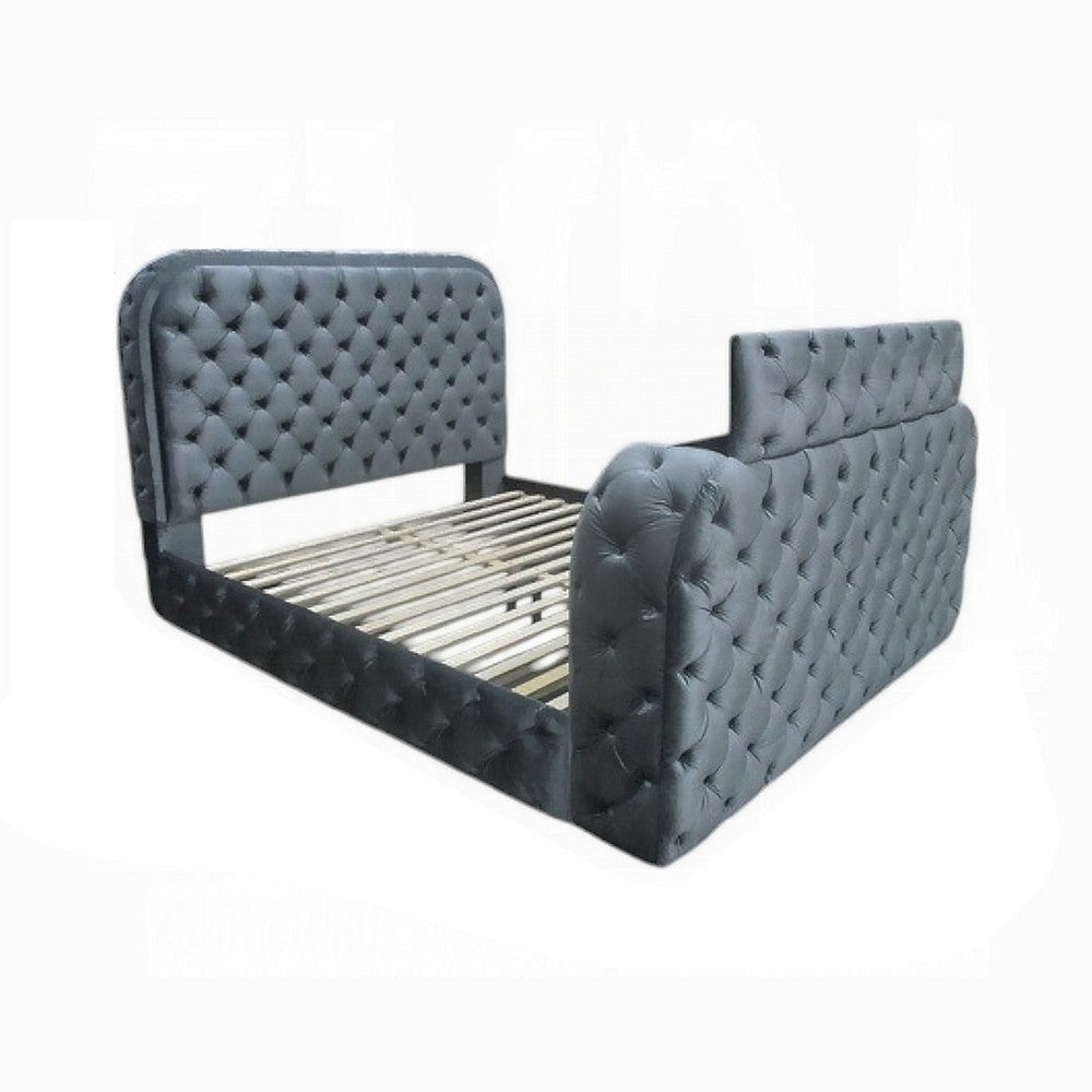 Kerie King Bed with LED Fireplace Hidden Lift TV Stand Gray Velvet BM334031