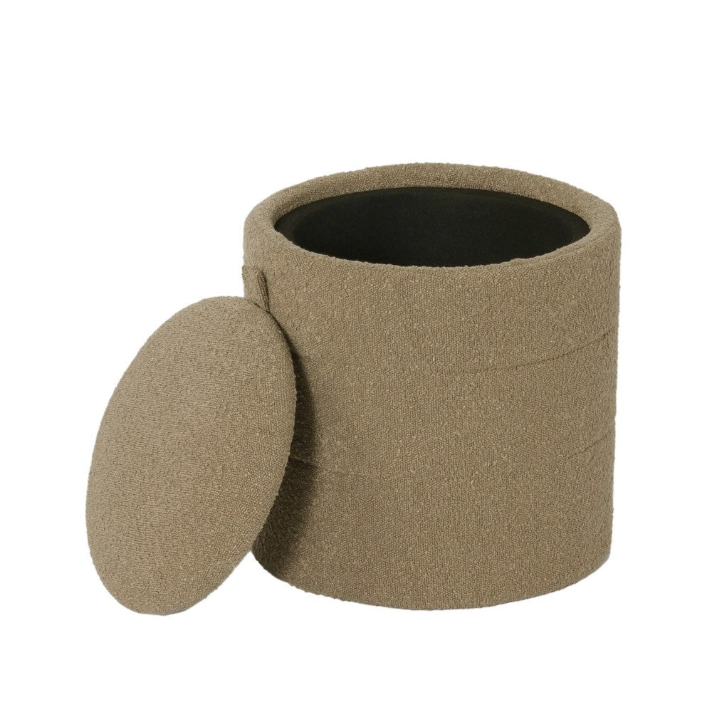 Modern Storage Ottoman | Light Brown Boucle Seat Cushion | 18’’ Round BM334033