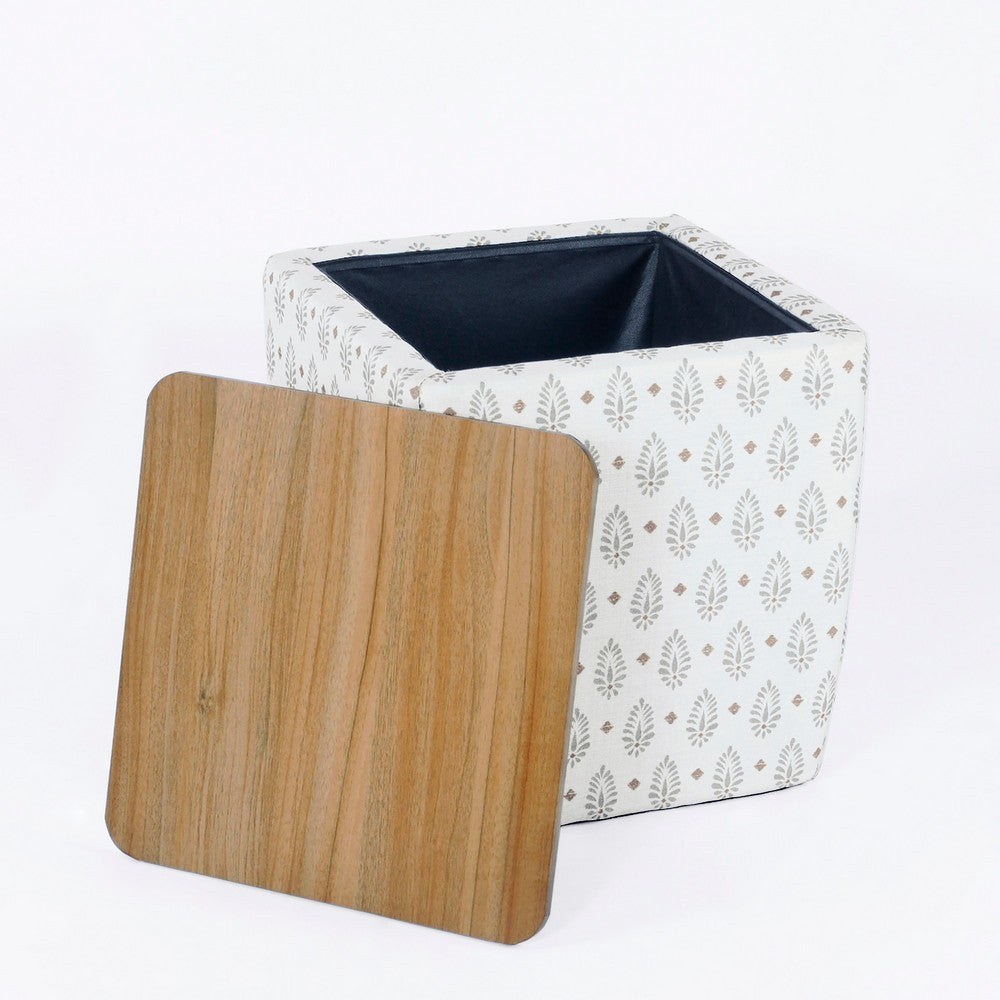 Mody Accent Ottoman | 19’’ Brown Wood Lift Top | White Pattern Fabric BM334034