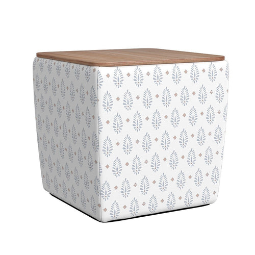 Mody Accent Ottoman | 19" Brown Wood Lift Top | White Pattern Fabric