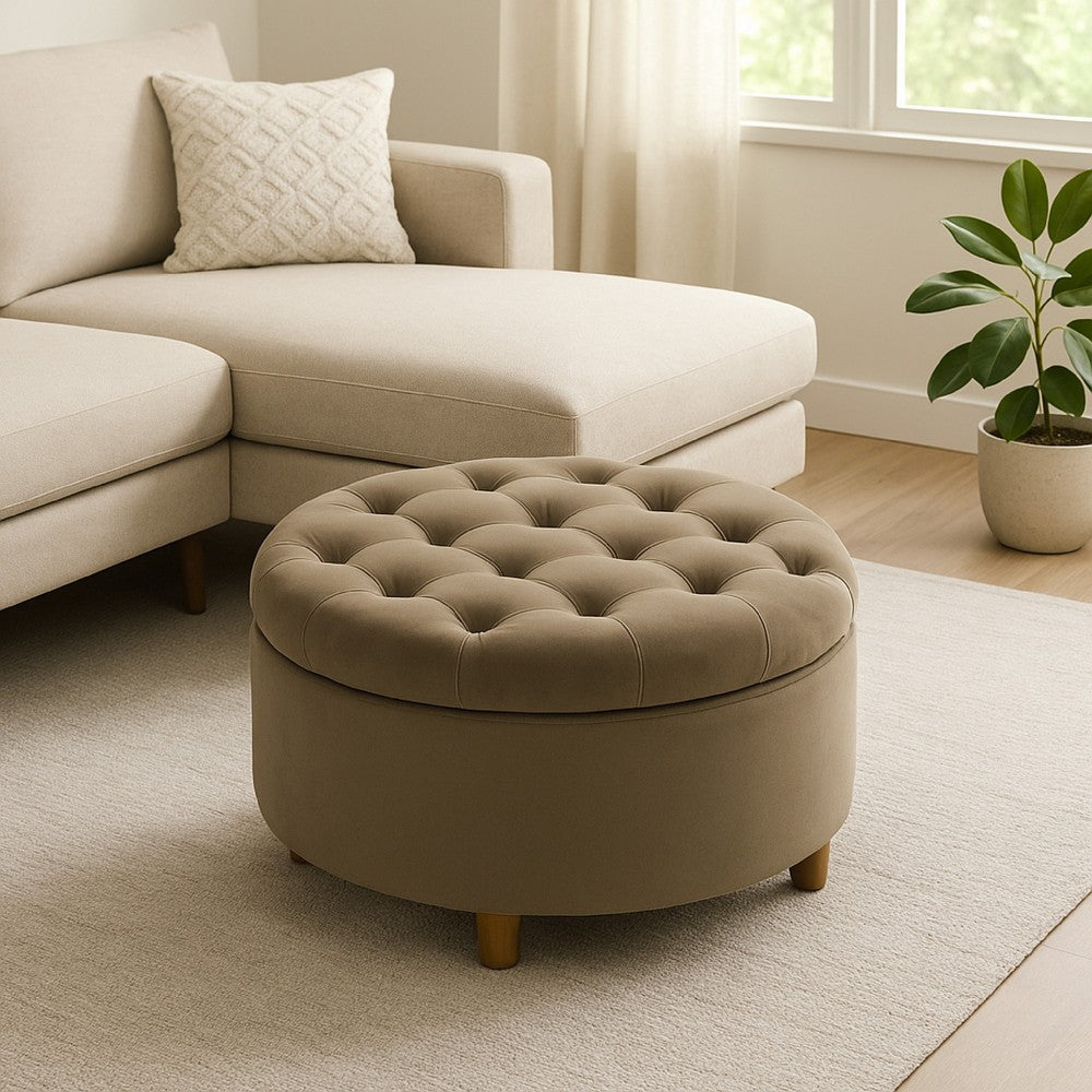 Jo Storage Ottoman | 28" Round Tufted Lift Top | Sage Green Velvet