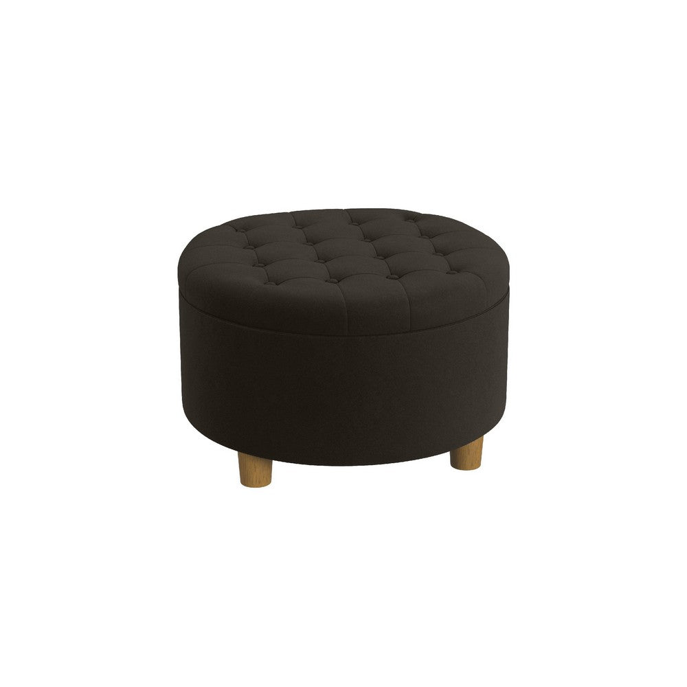 Jo Storage Ottoman, 28" Round Tufted Lift Top, Chocolate Brown Velvet