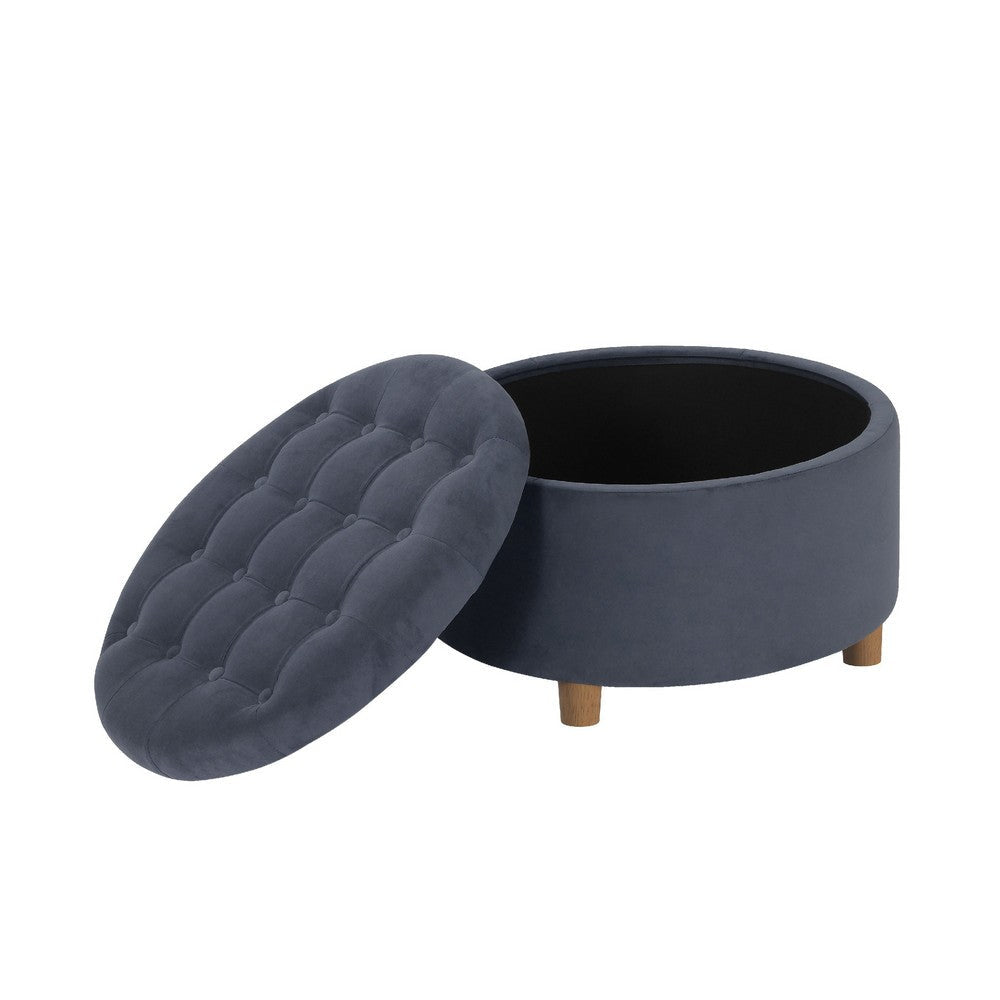 Jo Storage Ottoman | 28’’ Round Tufted Lift Top | Steel Blue Velvet BM334042