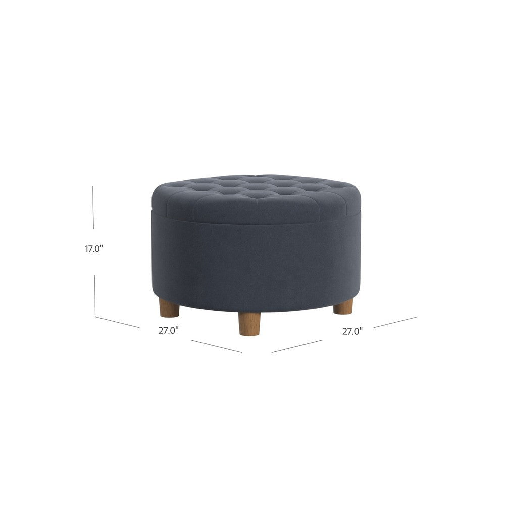 Jo Storage Ottoman | 28’’ Round Tufted Lift Top | Steel Blue Velvet BM334042