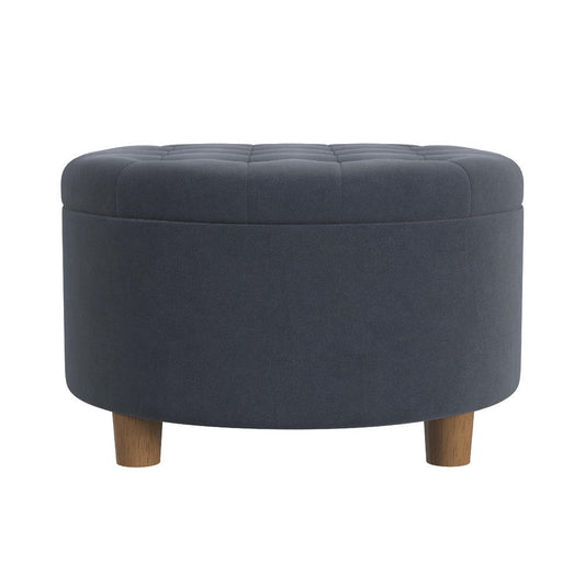 Jo Storage Ottoman | 28" Round Tufted Lift Top | Steel Blue Velvet