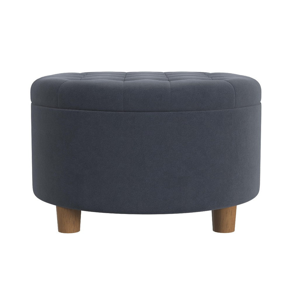 Jo Storage Ottoman | 28" Round Tufted Lift Top | Steel Blue Velvet