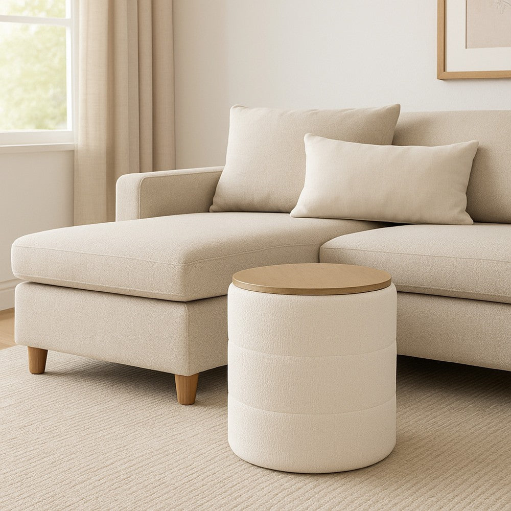 Mona Storage Ottoman | 19" Round Lift Top | Channeled Ivory Boucle