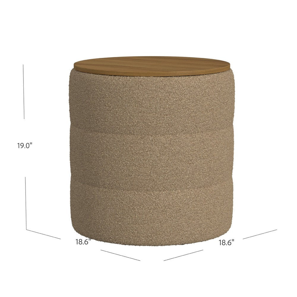 Mona Storage Ottoman | 19’’ Round Lift Top | Channeled Brown Boucle BM334044