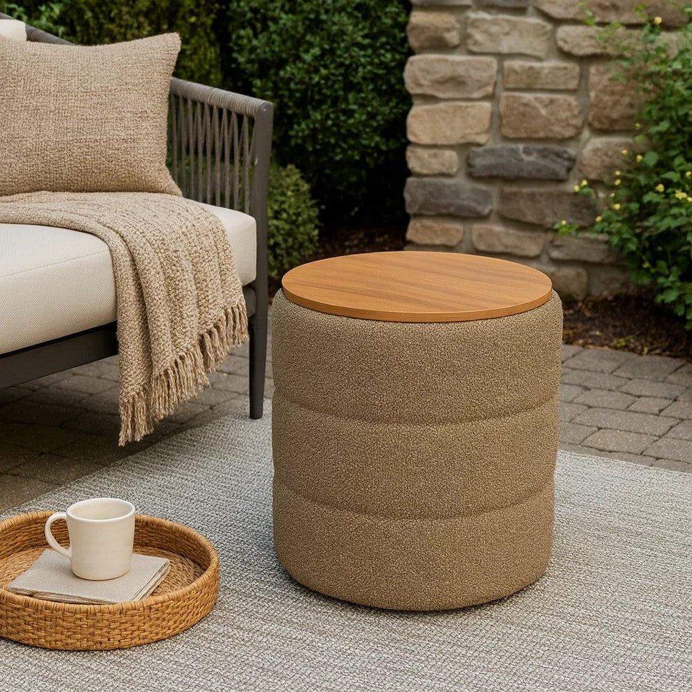 Mona Storage Ottoman | 19" Round Lift Top | Channeled Brown Boucle