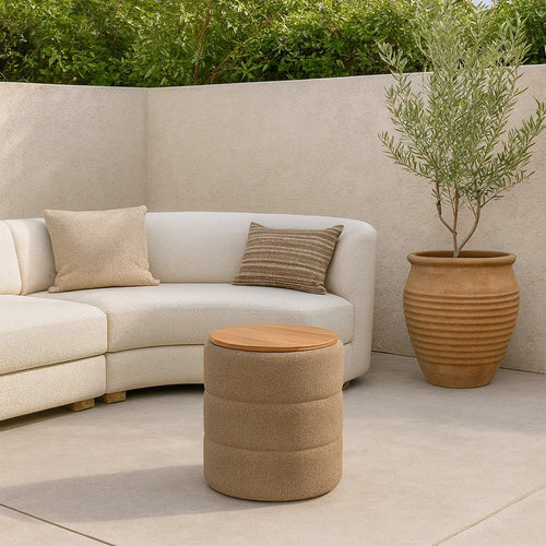 Mona Storage Ottoman | 19" Round Lift Top | Channeled Brown Boucle