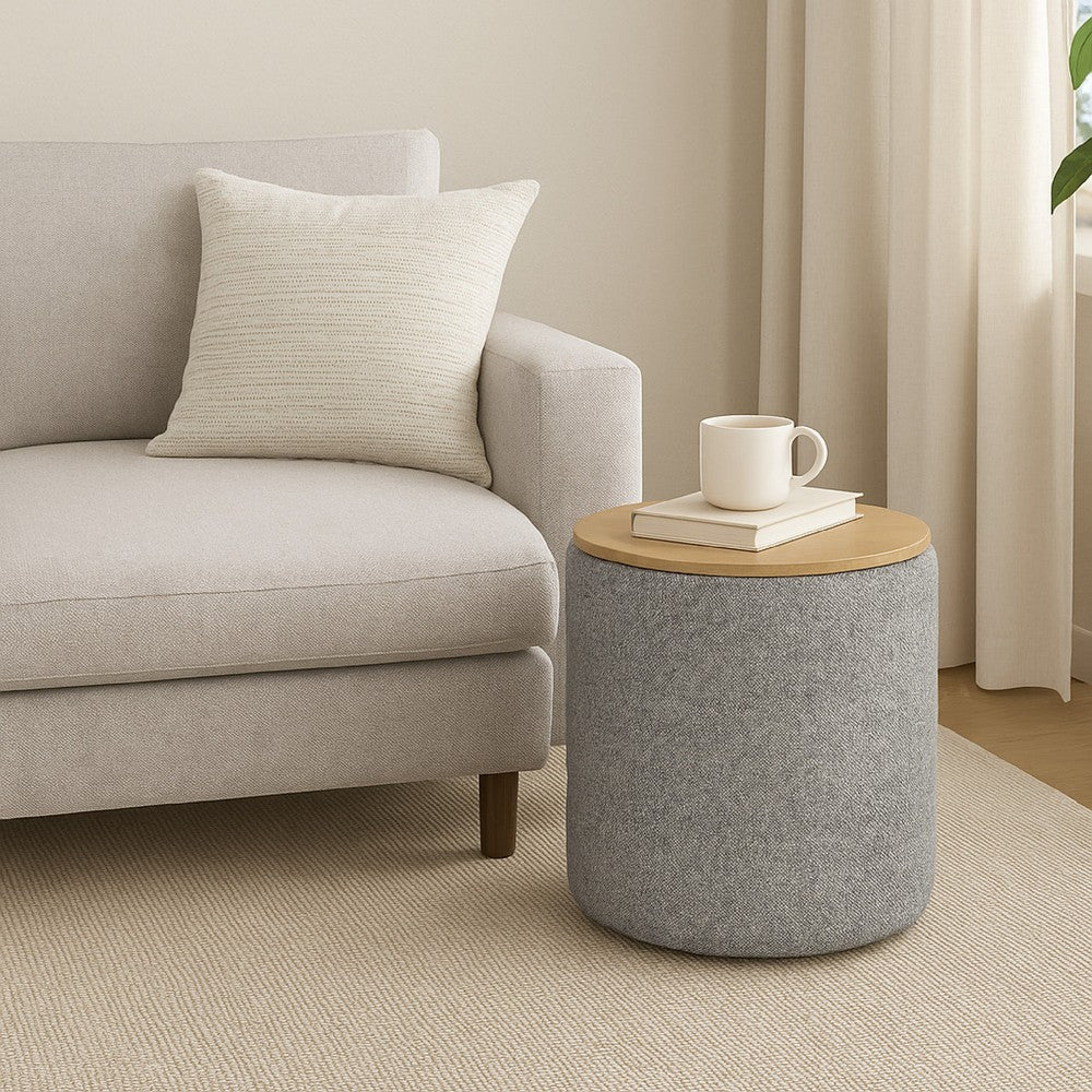Mona Storage Ottoman | 19" Round Lift Top | Channeled Gray Boucle