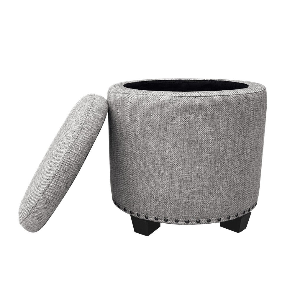 Zoya Storage Ottoman | 19’’ Round Lift Top | Light Gray Woven Fabric