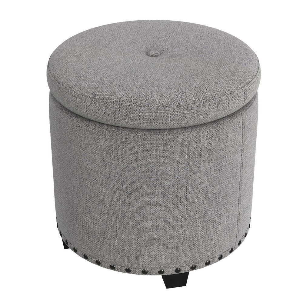 Zoya Storage Ottoman | 19’’ Round Lift Top | Light Gray Woven Fabric