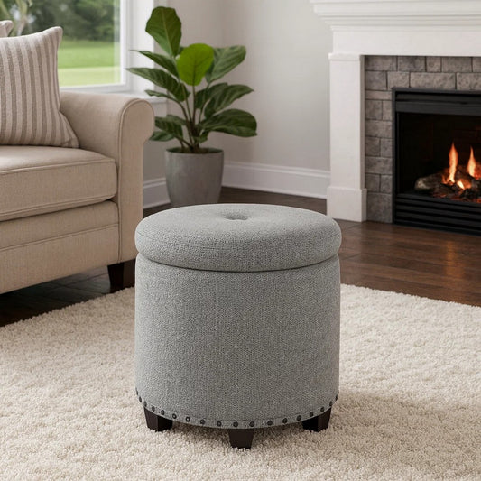 Zoya Storage Ottoman | 19" Round Lift Top | Light Gray Woven Fabric