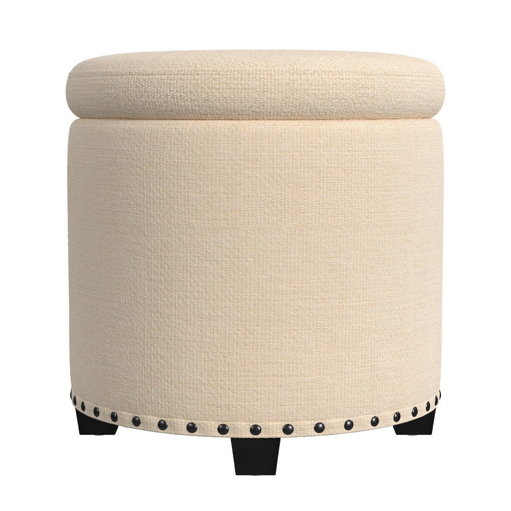 Zoya Storage Ottoman | 19’’ Round Lift Top | Beige Woven Fabric BM334047