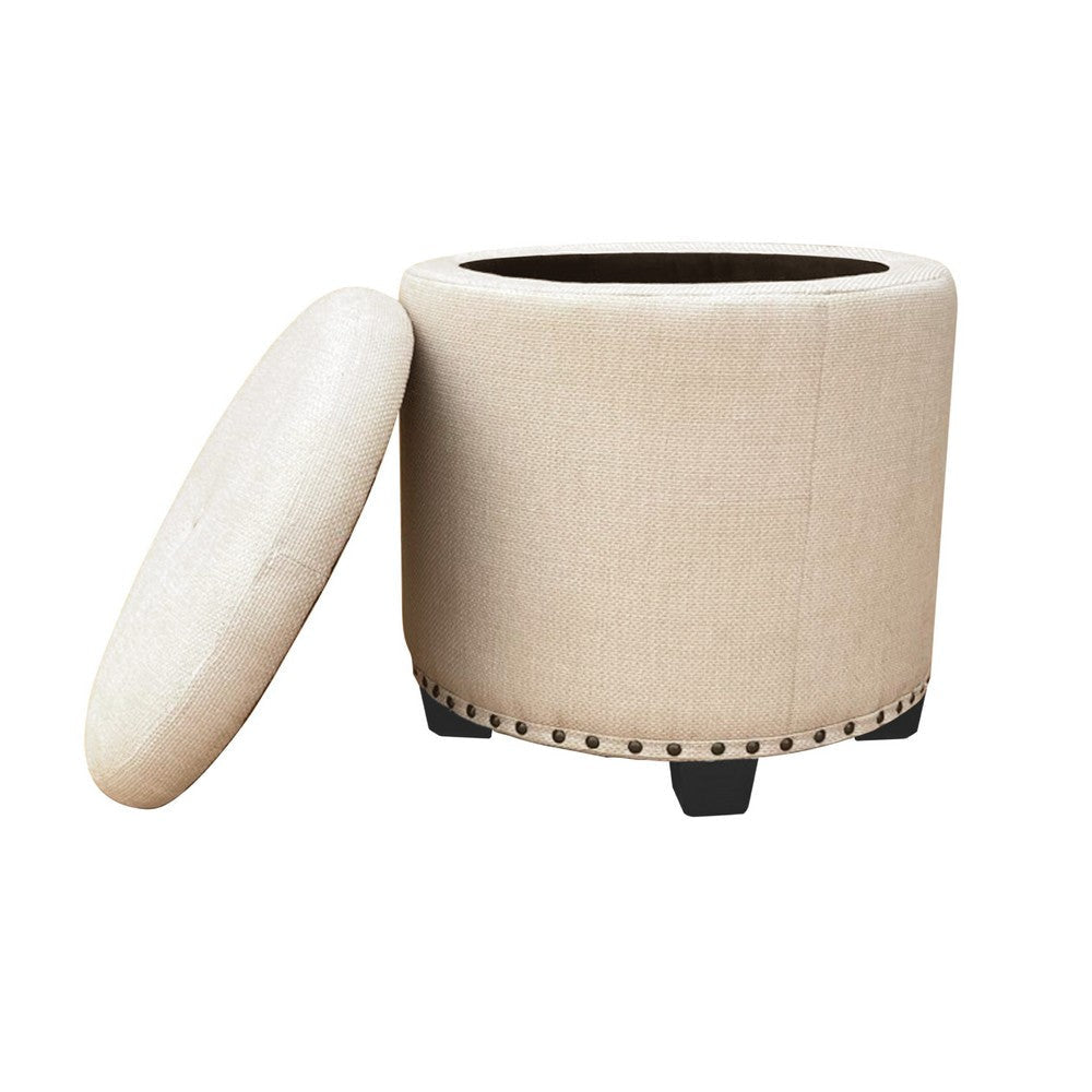 Zoya Storage Ottoman | 19’’ Round Lift Top | Beige Woven Fabric BM334047