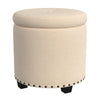Zoya Storage Ottoman | 19’’ Round Lift Top | Beige Woven Fabric BM334047
