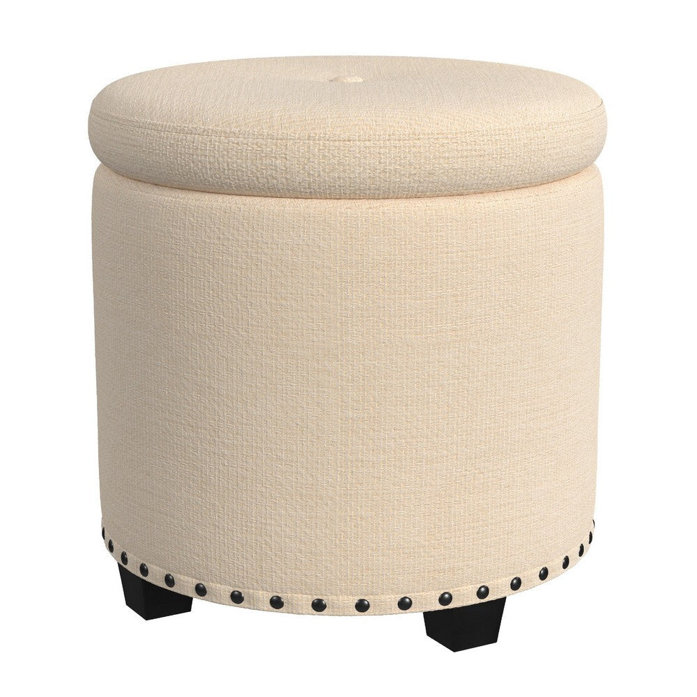 Zoya Storage Ottoman | 19’’ Round Lift Top | Beige Woven Fabric BM334047