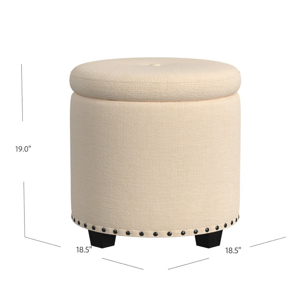 Zoya Storage Ottoman | 19’’ Round Lift Top | Beige Woven Fabric BM334047
