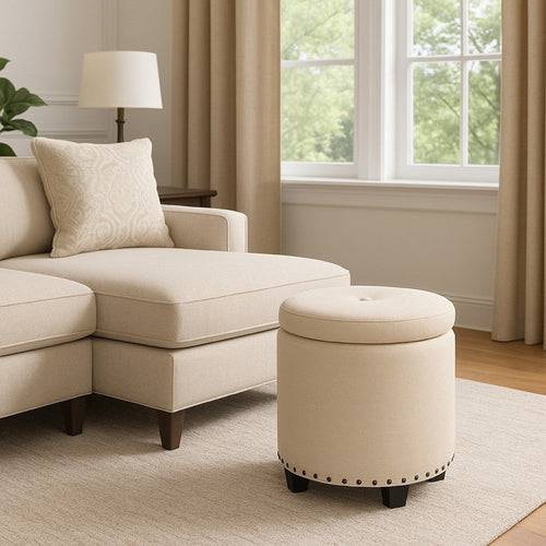 Zoya Storage Ottoman | 19" Round Lift Top | Beige Woven Fabric
