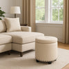 Zoya Storage Ottoman | 19" Round Lift Top | Beige Woven Fabric