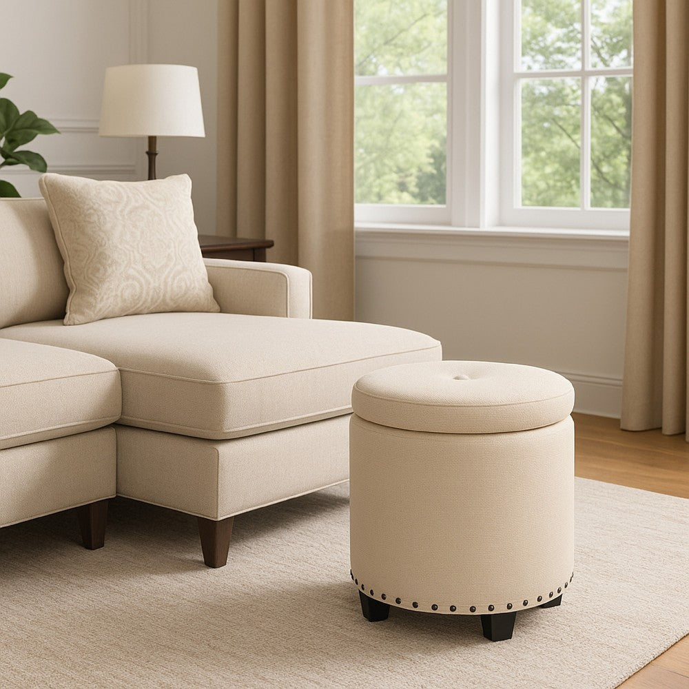 Zoya Storage Ottoman | 19" Round Lift Top | Beige Woven Fabric