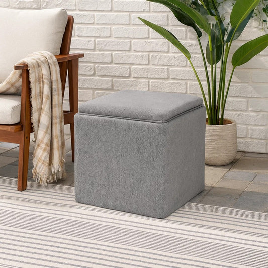 Soa Storage Accent Ottoman | 18" Square Tray Top | Gray Woven Fabric