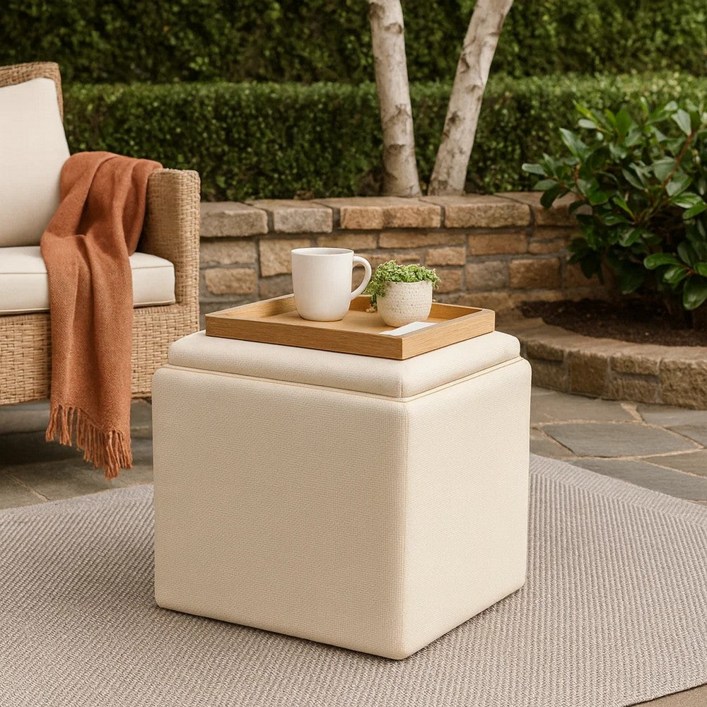 Soa Storage Ottoman | 18" Square Tray Top | Light Beige Woven Fabric
