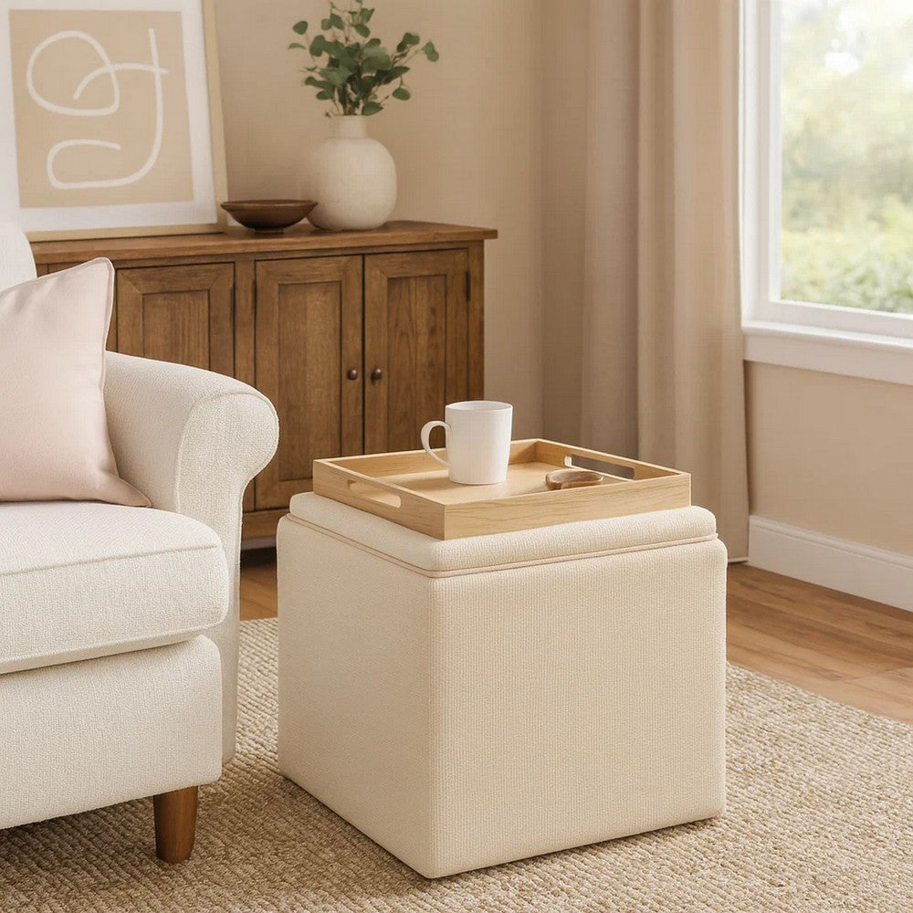 Soa Storage Ottoman | 18" Square Tray Top | Light Beige Woven Fabric