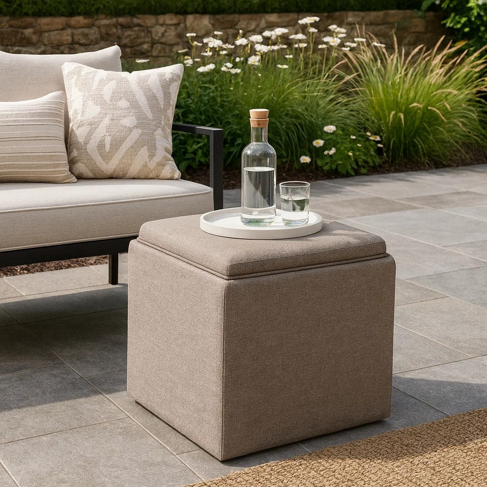Soa Storage Ottoman | 18" Square Tray Top | Light Brown Woven Fabric