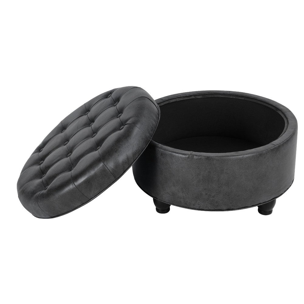 Gery Storage Ottoman | 25’’ Round Tray Top | Dark Gray Faux Leather BM334053