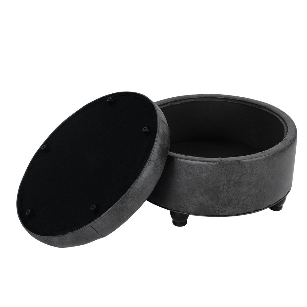 Gery Storage Ottoman | 25’’ Round Tray Top | Dark Gray Faux Leather BM334053
