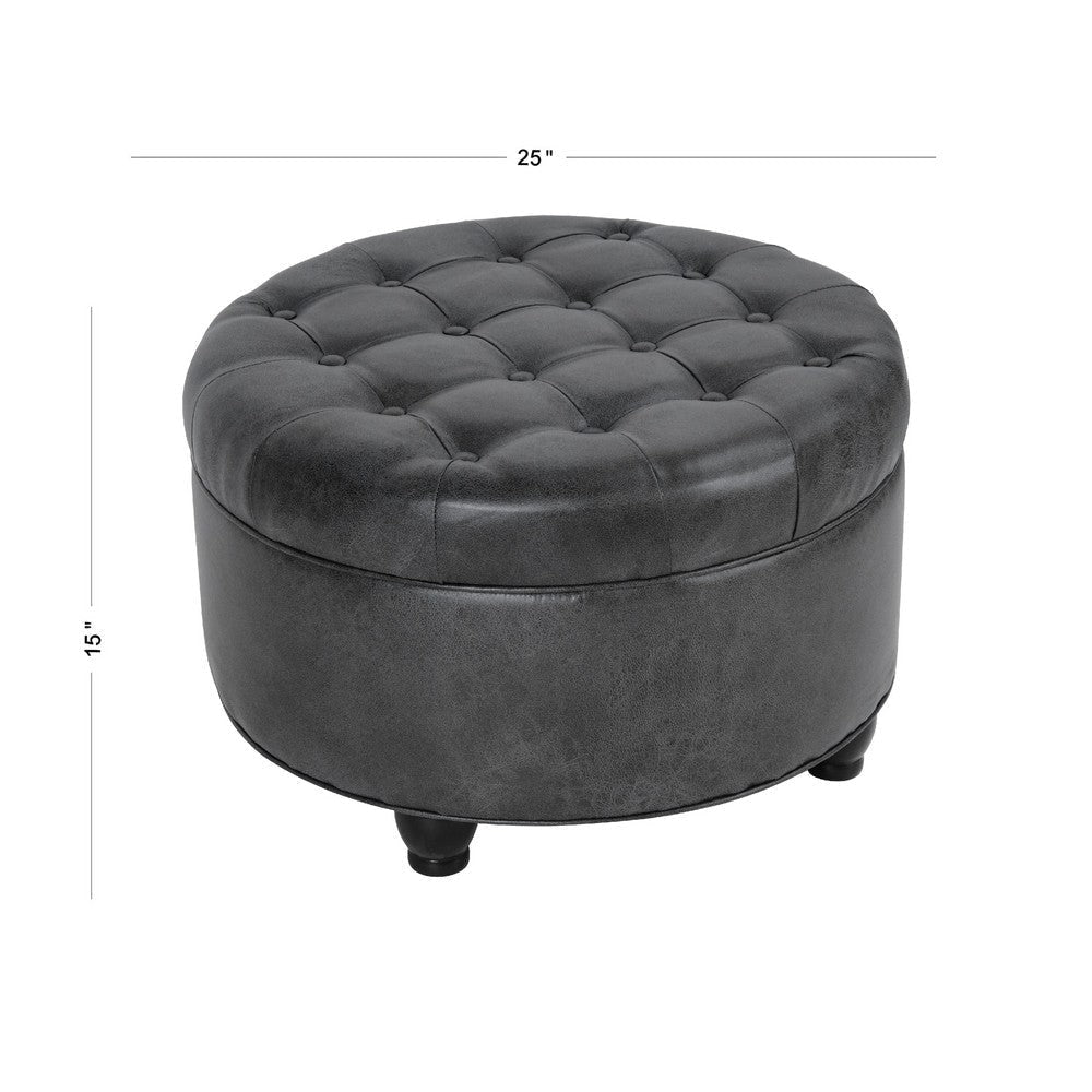 Gery Storage Ottoman | 25’’ Round Tray Top | Dark Gray Faux Leather BM334053
