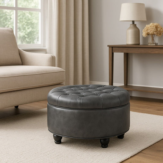 Gery Storage Ottoman | 25" Round Tray Top | Dark Gray Faux Leather
