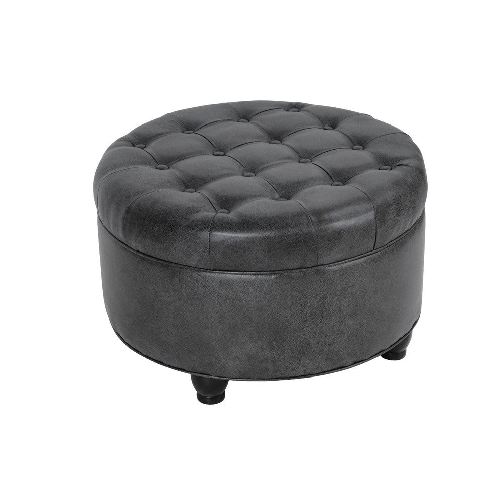 Gery Storage Ottoman | 25" Round Tray Top | Dark Gray Faux Leather