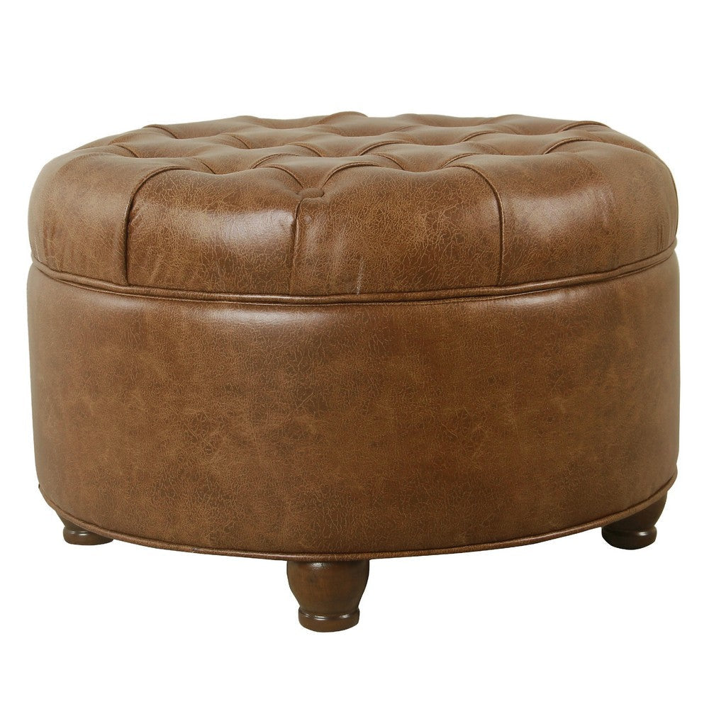 Gery Accent Storage Ottoman | 25’’ Round Tray Top Brown Faux Leather BM334054