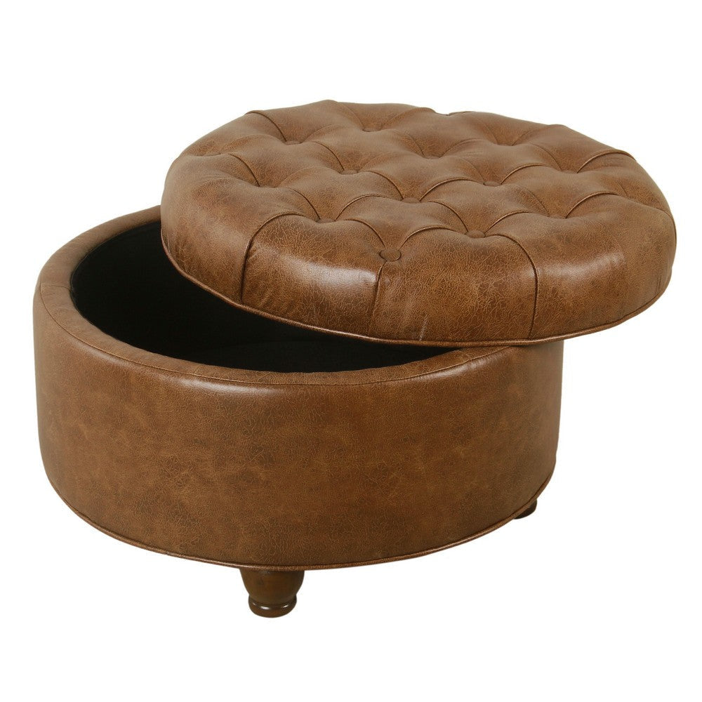 Gery Accent Storage Ottoman | 25’’ Round Tray Top Brown Faux Leather BM334054