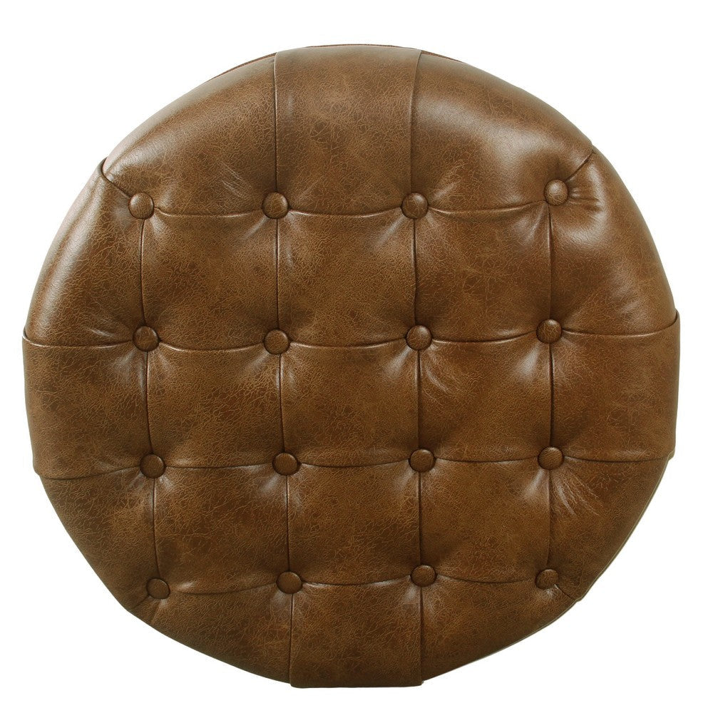 Gery Accent Storage Ottoman | 25’’ Round Tray Top Brown Faux Leather BM334054