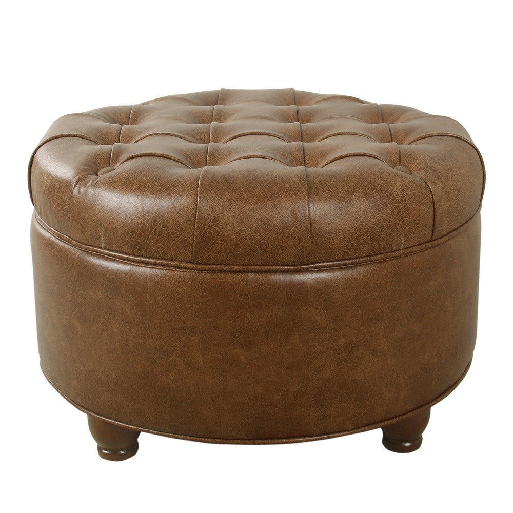 Gery Accent Storage Ottoman | 25" Round Tray Top Brown Faux Leather