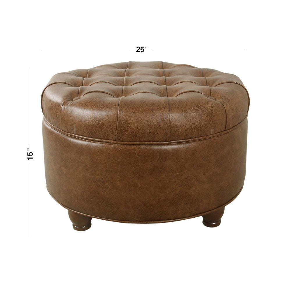 Gery Accent Storage Ottoman | 25’’ Round Tray Top Brown Faux Leather BM334054