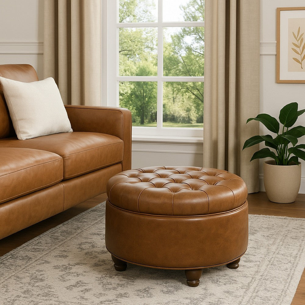 Gery Accent Storage Ottoman | 25" Round Tray Top Brown Faux Leather