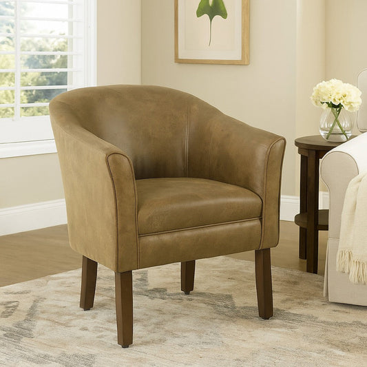 Elom Accent Armchair | Brown Faux Leather with Welt Trim Details