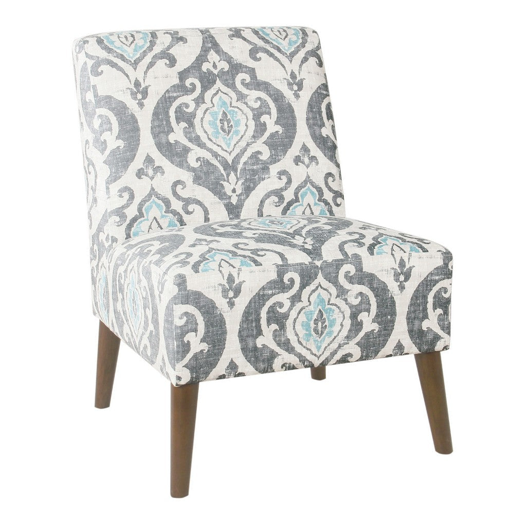 Armless Accent Chair | Vintage Medallion Print | Blue White Polyester