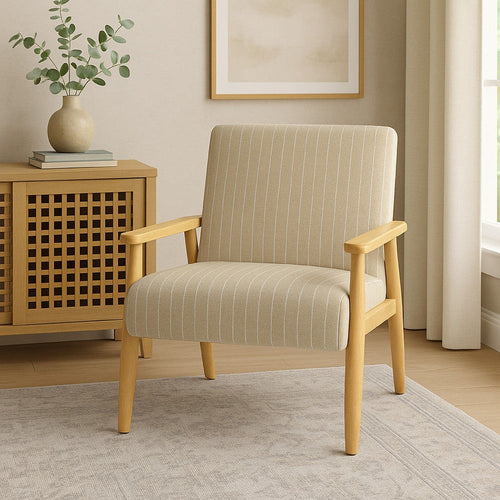 Accent Armchair | Beige and White Stripe Pattern Fabric | Solid Wood