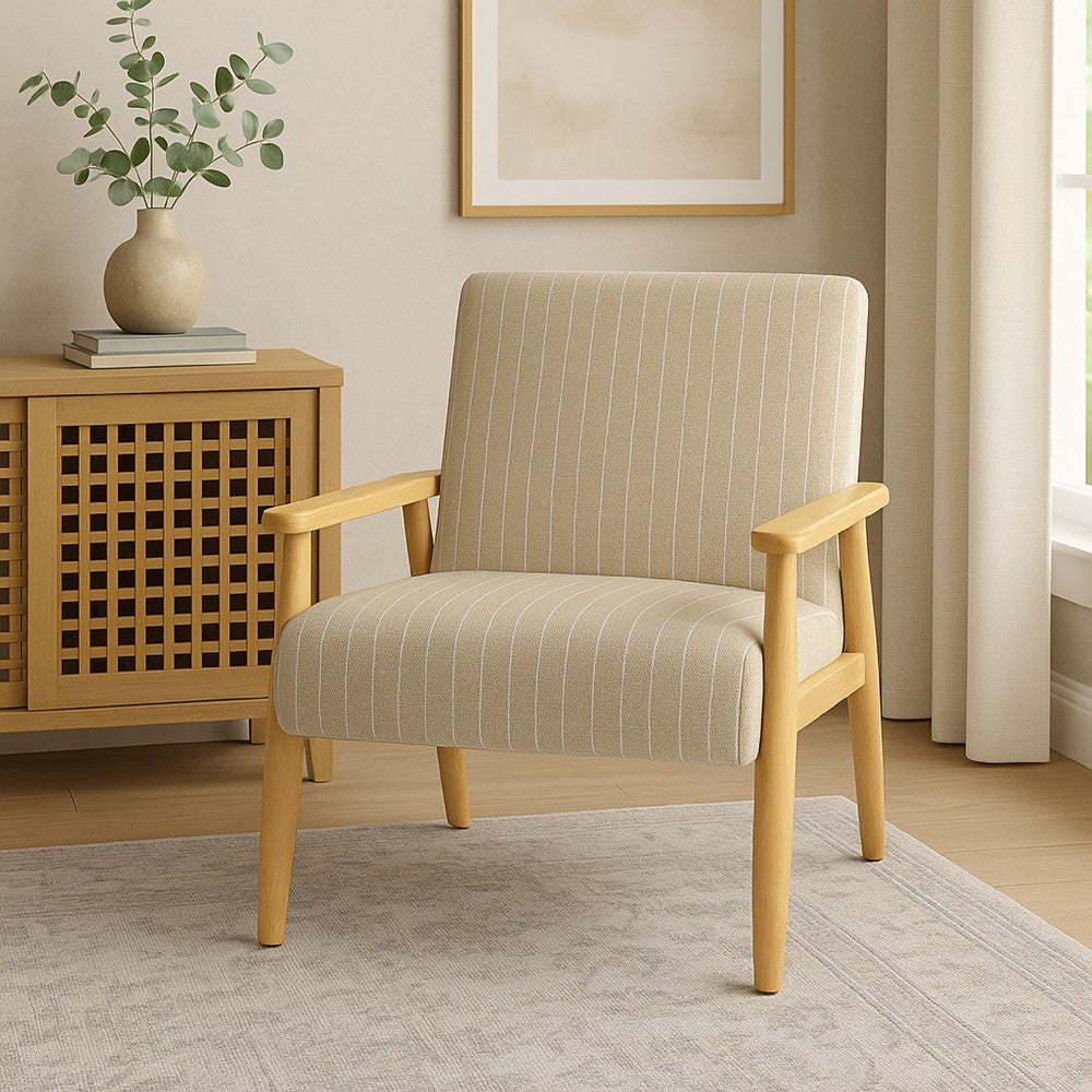 Accent Armchair | Beige and White Stripe Pattern Fabric | Solid Wood