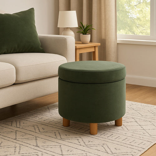 Gio Storage Ottoman | 19" Round Lift Top | Rich Forest Green Velvet